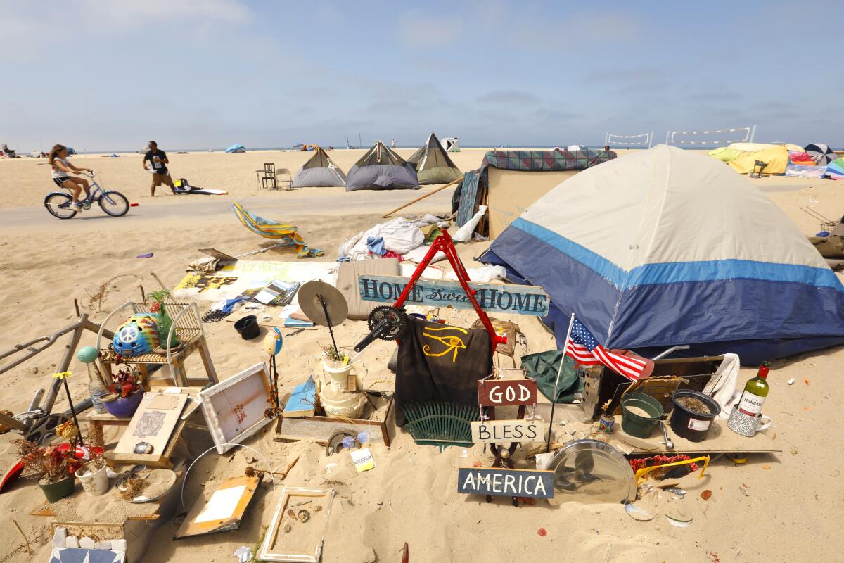 Tent and person's belongings on Venice Beach