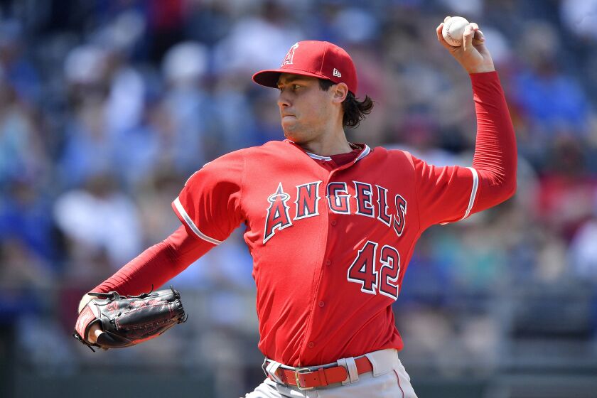 Los Angeles Angels starting pitcher Tyler Skaggs throws in the first inning during Monday's baseball game against the Kansas City Royals on June 25, 2018, at Kauffman Stadium in Kansas City, Mo. (John Sleezer/Kansas Ciy Star/TNS) ** OUTS - ELSENT, FPG, TCN - OUTS **