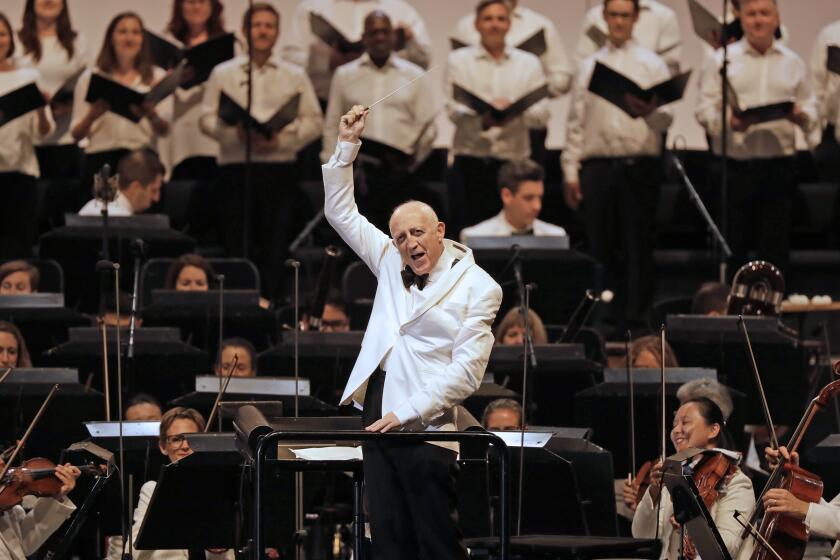 HOLLYWOOD, CA -- AUGUST 13, 2019: Bramwell Tovey is a longtime favorite guest conductor who last month announced he has cancer and canceled his performances with the New York Philharmonic. Although many assumed he'd cancel his Bowl performances, the British conductor took the stand Tuesday in a program of music by Brits. (Myung J. Chun / Los Angeles Times)