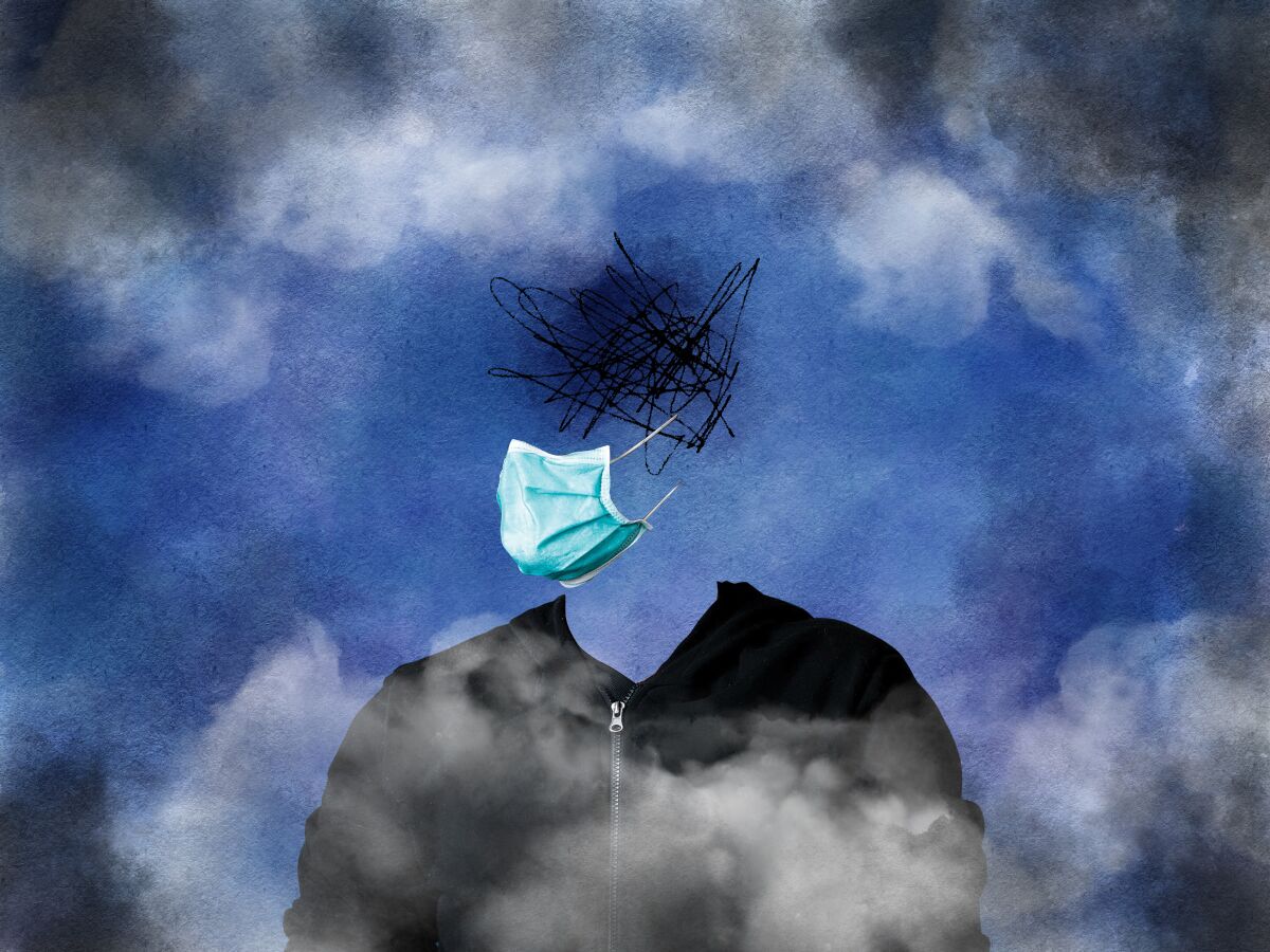 illustration of an abstract figure in a mask and hoodie with a scribble in their head representing a fog of depression