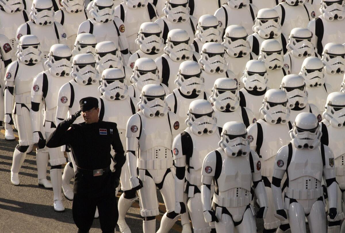 An assembly of Stormtroopers gathered to form the centerpiece of the Star Wars Spectactular at the 118th Rose Parade in 2007.