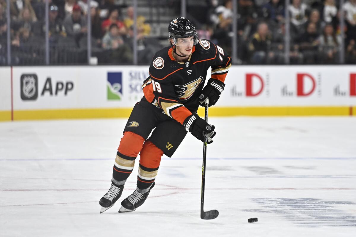 Anaheim Ducks right wing Troy Terry skates against the Vegas Golden Knights.