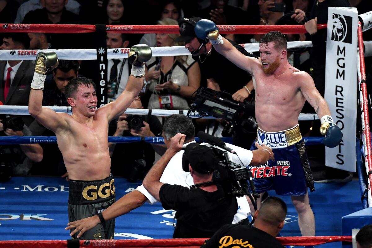 Gennady Golovkin, left, and Canelo Alvarez after the final round of their middleweight championionship bout.