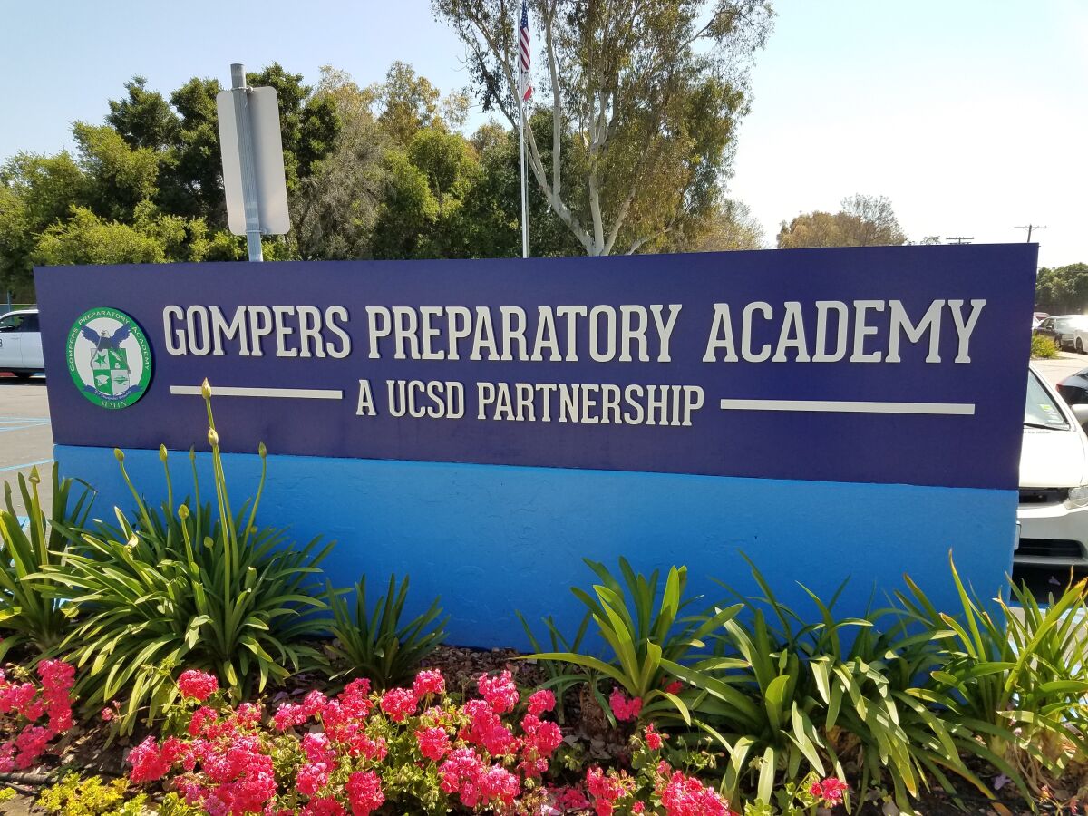 The sign for Gompers Preparatory Academy charter school