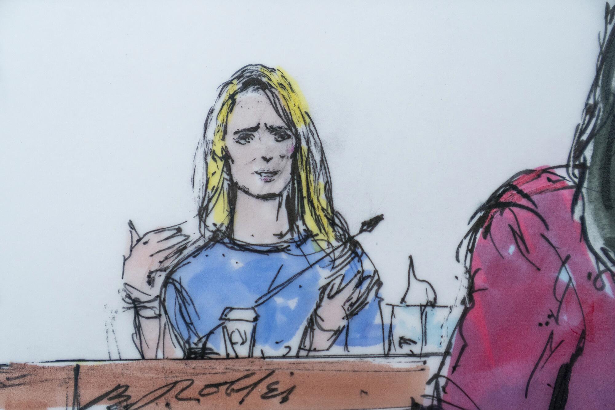 An artist's courtroom sketch of a woman speaking from a witness stand