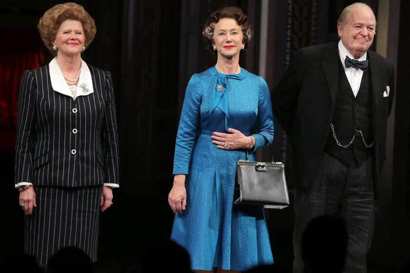 Judith Ivey, left, Helen Mirren and Dakin Matthews take a bow during curtain call for the Broadway opening of "The Audience" on Sunday at the Gerald Schoenfeld Theatre in New York.