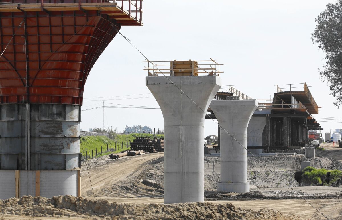 Several of the bullet train's biggest claims and change orders could cost more than 30% above original estimates for the first segment. Above, supports for a bullet train viaduct near Madera.
