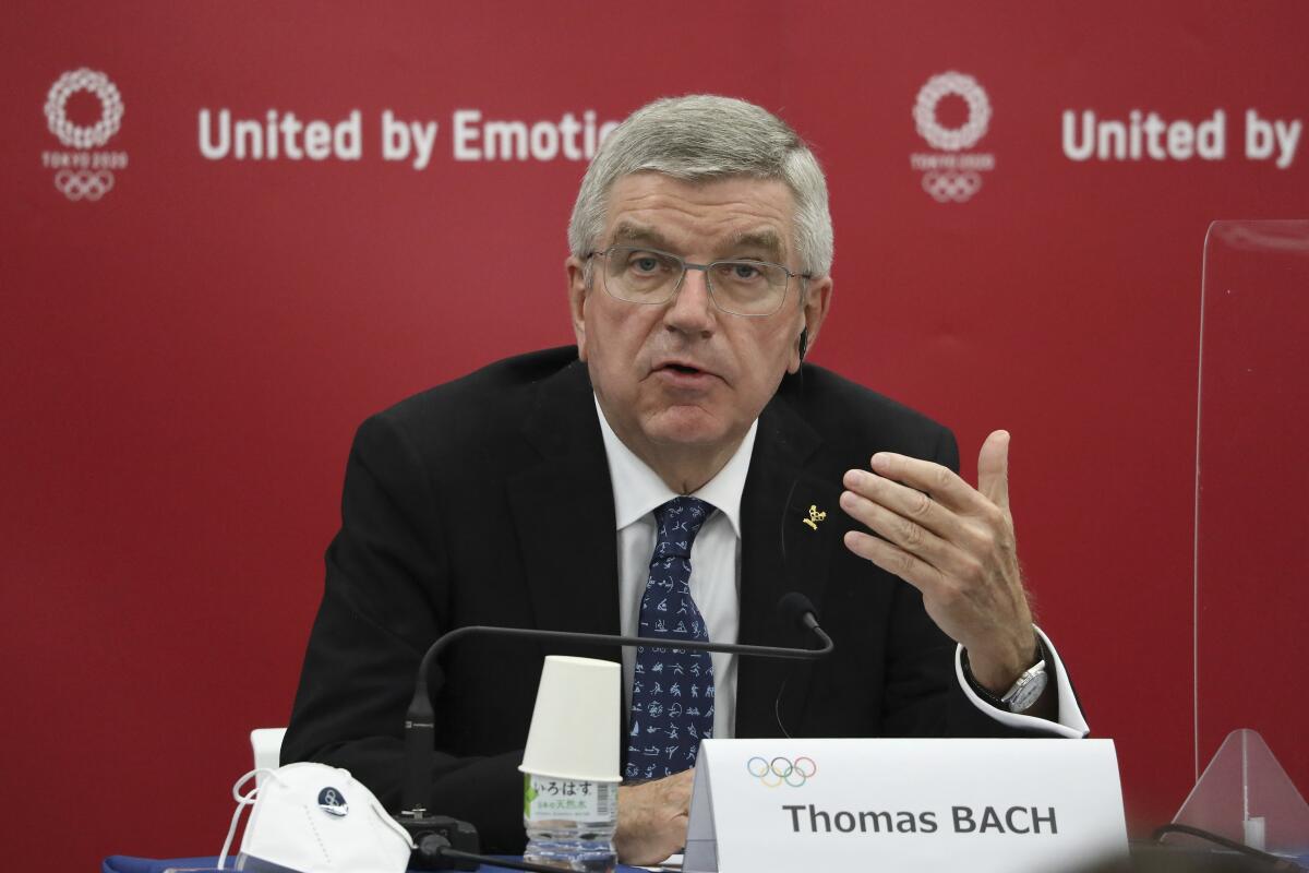 IOC President Thomas Bach speaks during a news conference.