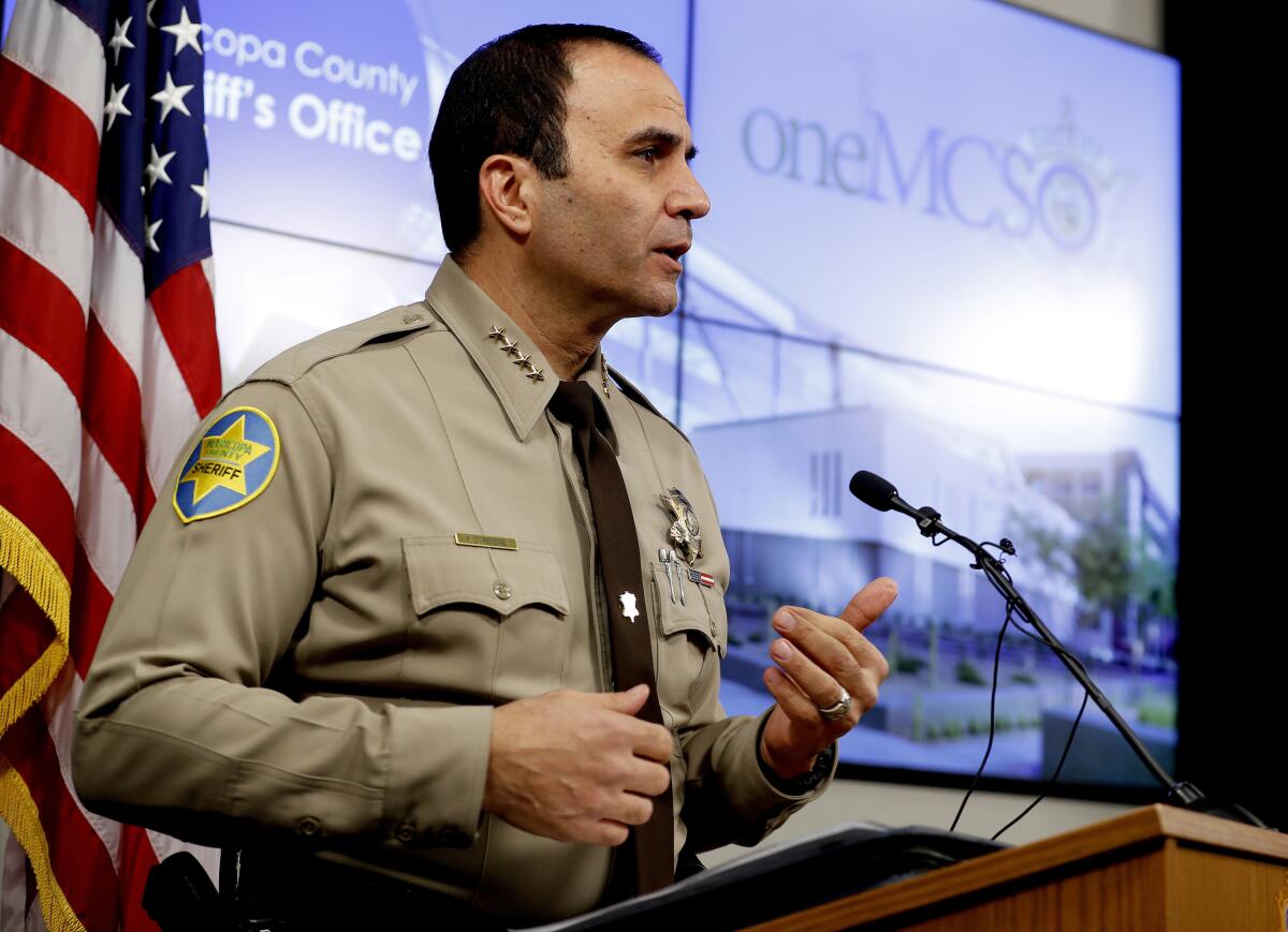 FILE - In this Feb. 14, 2019, file photo, is Maricopa County Sheriff Paul Penzone at a news conference in Phoenix. Civil rights lawyers are seeking a civil contempt of court hearing against Penzone for a backlog of 2,000 internal affairs investigations each taking an average of 500 days to complete. Penzone is the second Maricopa County sheriff to be accused of noncompliance in a racial profiling case in which a judge ordered an overhaul to the agency's internal affairs operations. (AP Photo/Matt York, File)