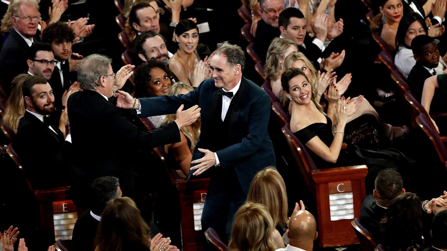 Mark Rylance thanks Steven Spielberg before accepting his Oscar for Best Actor in a Supporting Role