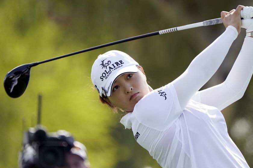 Jin Young Ko tees off during the Chevron Championship golf tournament in Rancho Mirage, Calif. 