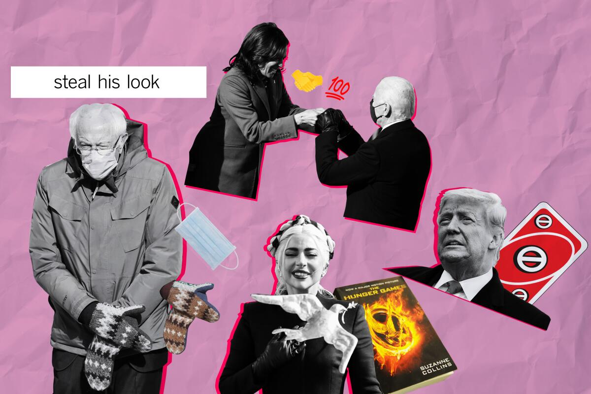 A collage of inauguration images including Joe Biden and Kamala Harris, Donald Trump, Lady Gaga and Bernie Sanders.