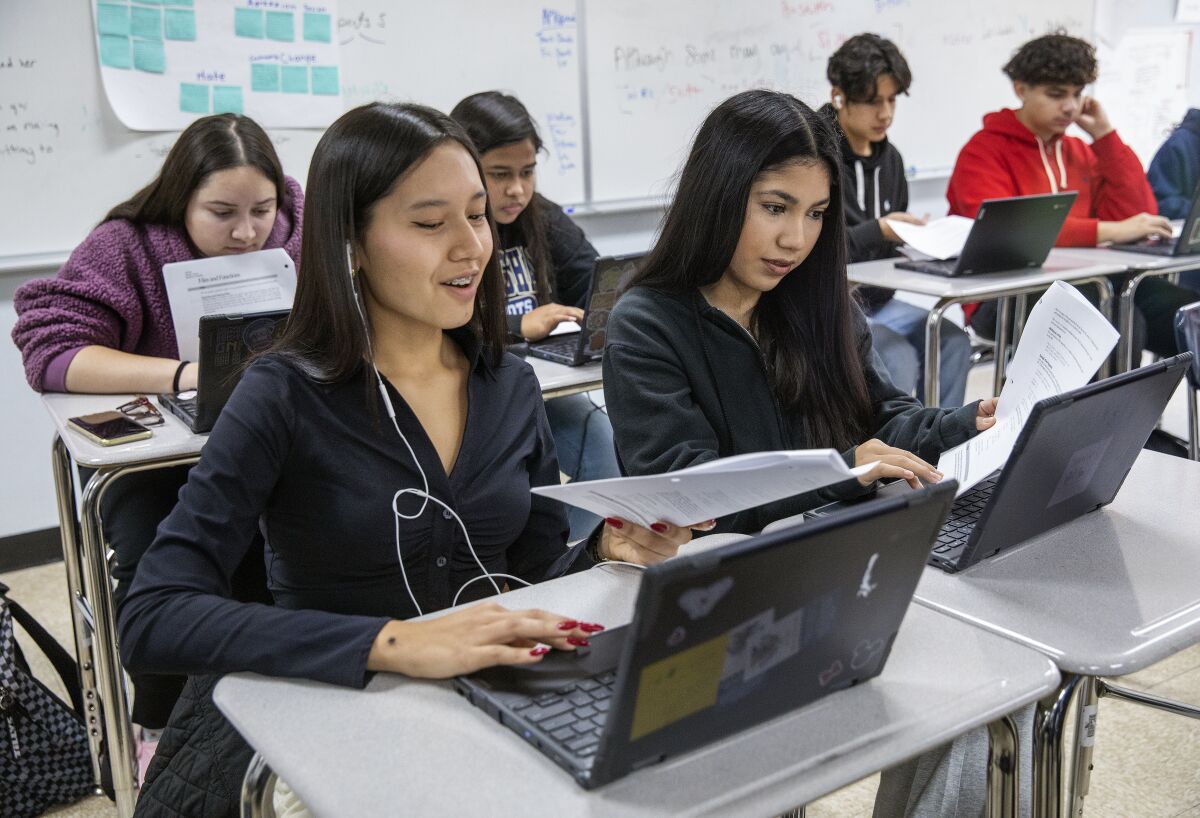 Students seated at desks work on laptops 
