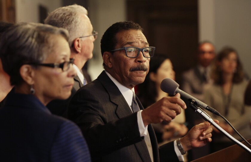 Los Angeles City Council President Herb Wesson at news conference in May after a City Hall critic handed in a speaker card featuring racially incendiary drawings.