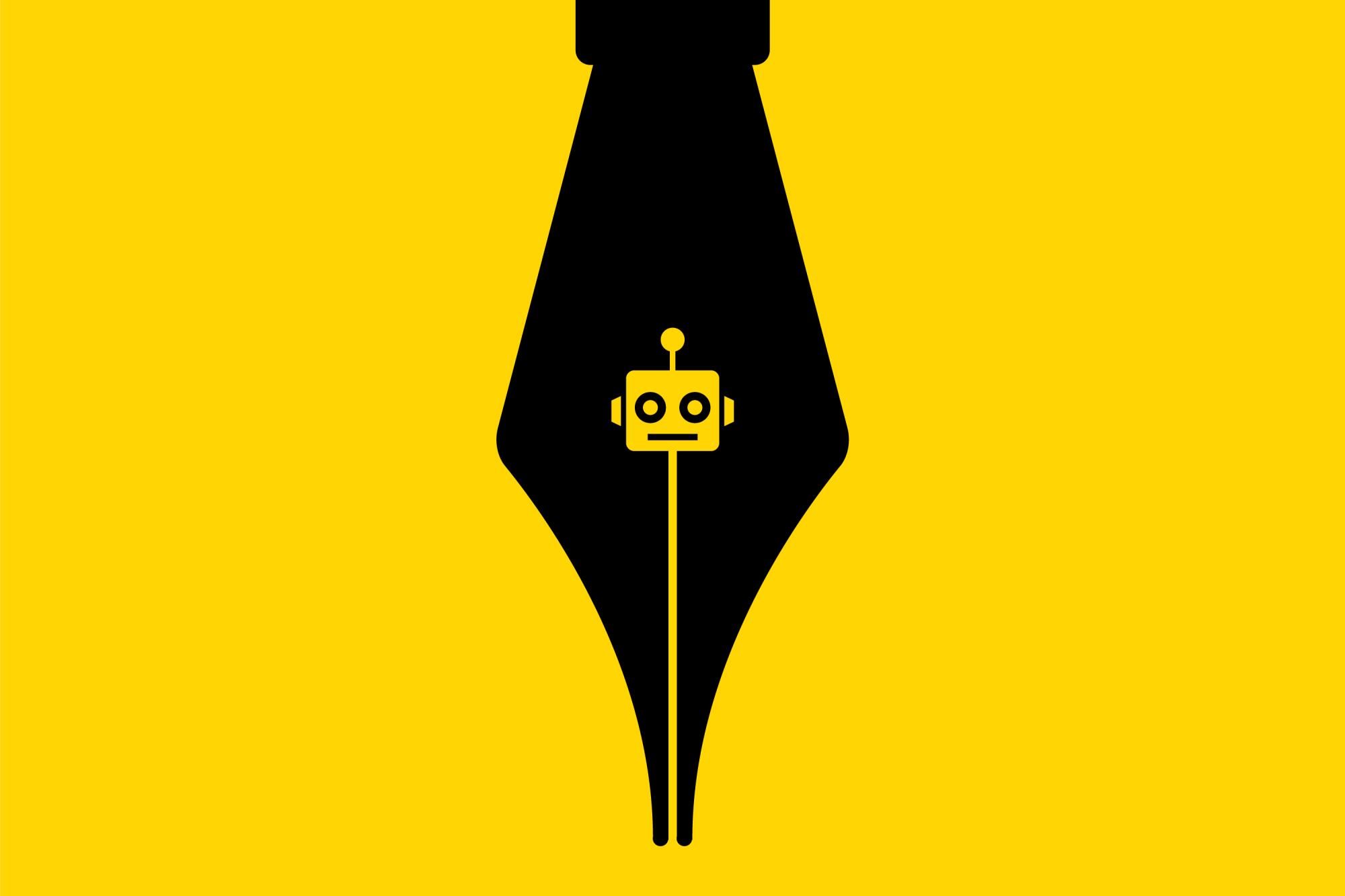 Illustration  shows a black pen nib with a robot head in the center, on a yellow background