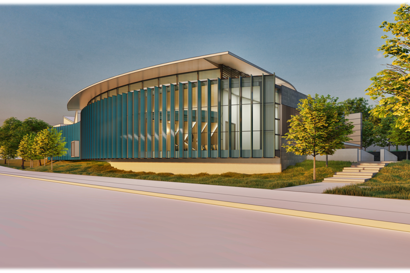 A conceptual drawing for the exterior of the proposed Newport Beach Library Lecture Hall project.