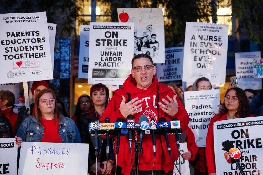 Chicago Teachers Union (CTU) President Jesse Sharkey speaks outside Peirce Elementary School on the first day of a strike by the CTU, on October 17 2019 in Chicago, Illinois. (Photo by KAMIL KRZACZYNSKI / AFP) (Photo by KAMIL KRZACZYNSKI/AFP via Getty Images) ** OUTS - ELSENT, FPG, CM - OUTS * NM, PH, VA if sourced by CT, LA or MoD **