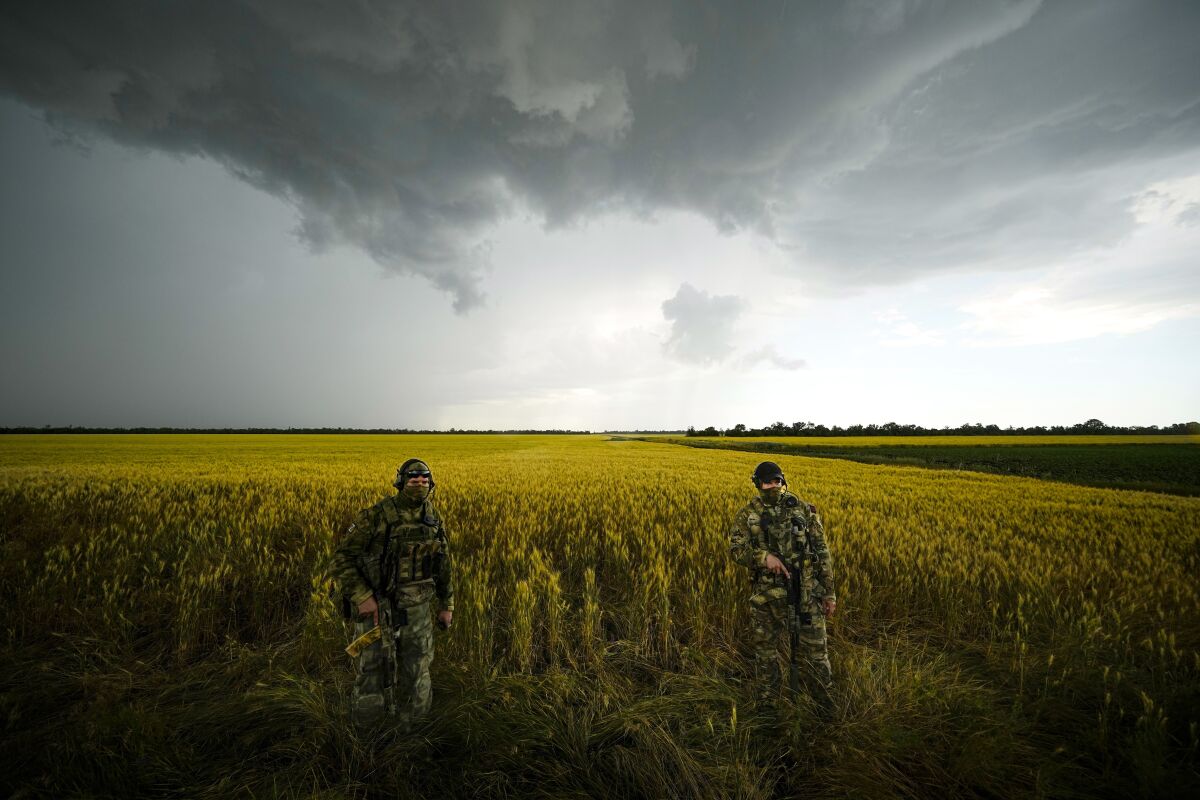 Russian soldiers guarding a wheat field