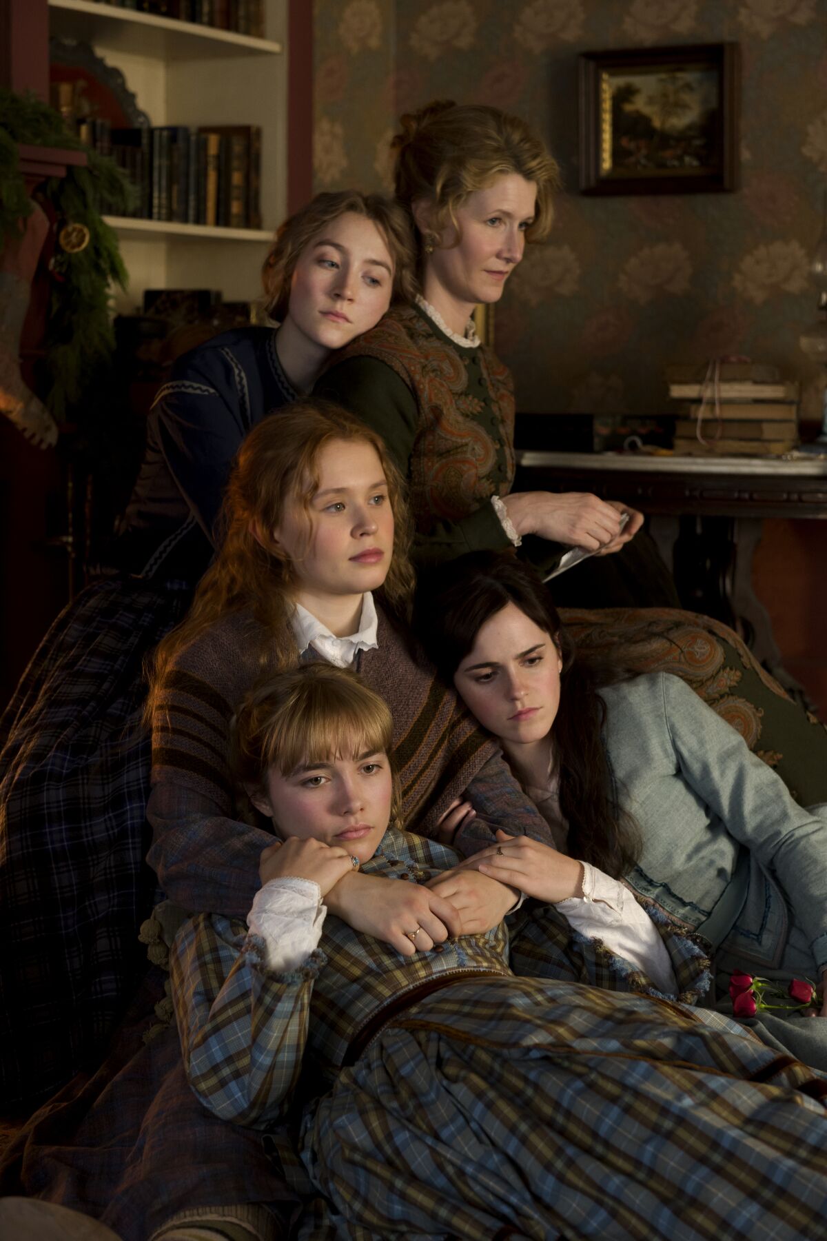 Saoirse Ronan, top left, Laura Dern, Eliza Scanlen, Florence Pugh and Emma Watson in Greta Gerwig's "Little Women."
