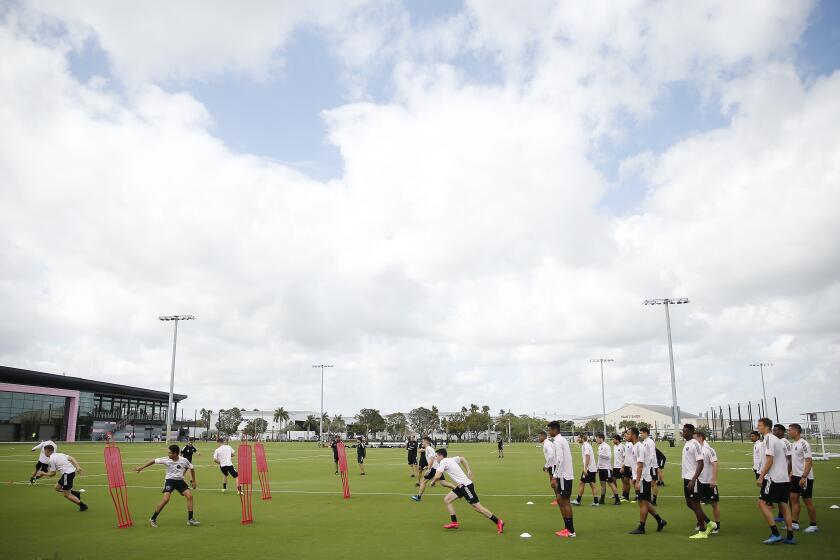FORT LAUDERDALE, FLORIDA - FEBRUARY 25: Inter Miami CF players runs through drills prior to their inaugural match on March 1st against LAFC, during media availability at Inter Miami CF Stadium on February 25, 2020 in Fort Lauderdale, Florida. (Photo by Michael Reaves/Getty Images)