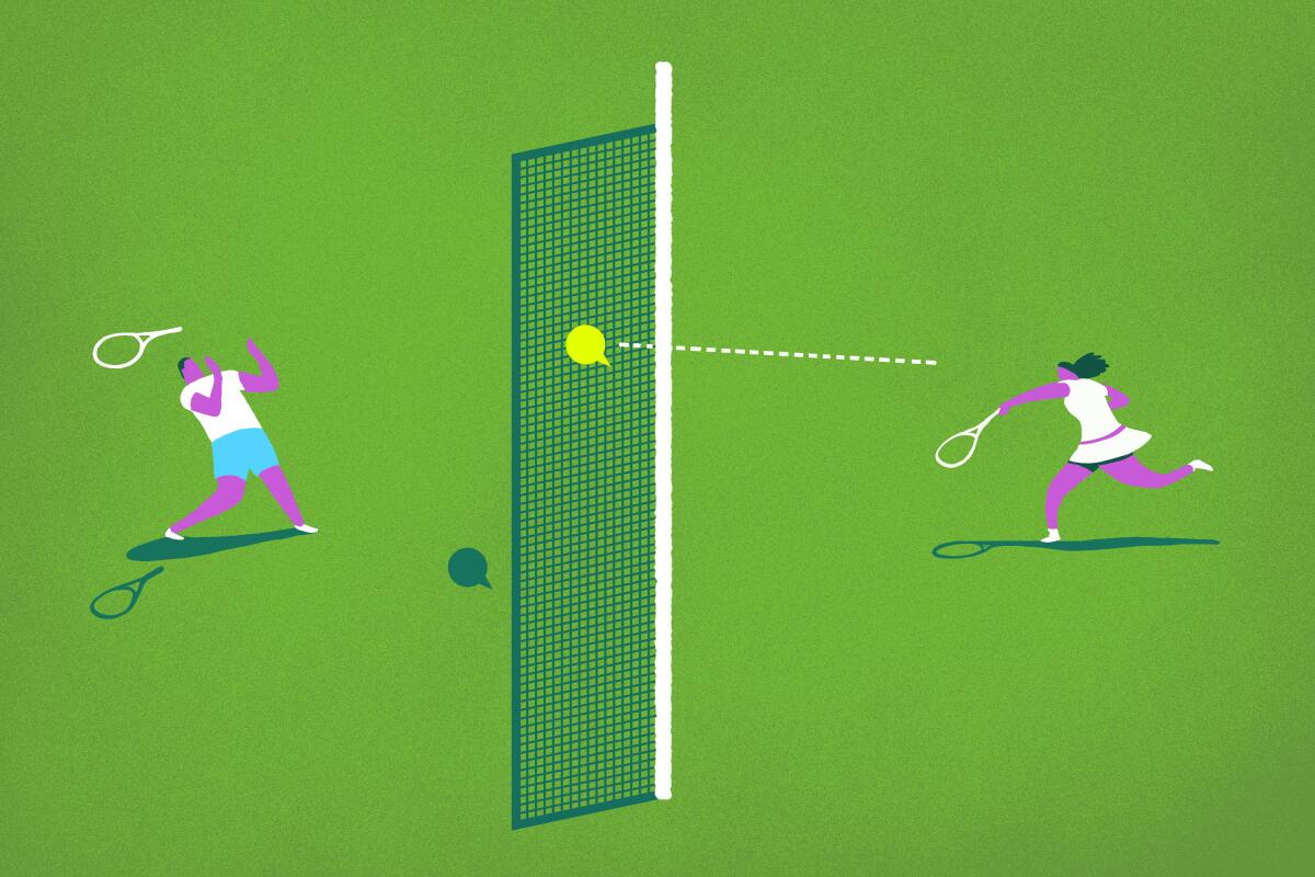 Illustration of two figures playing tennis with a ball shaped like a cartoon dialogue balloon sailing over the net.