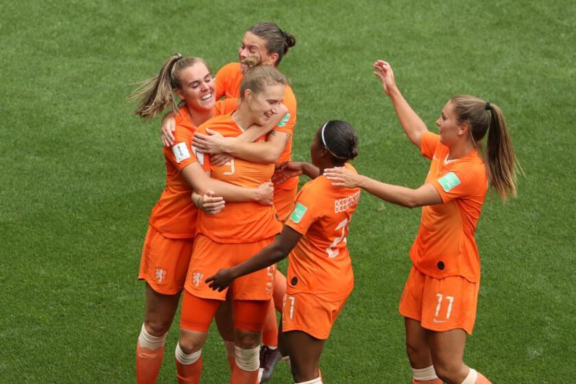 VALENCIENNES, FRANCE - JUNE 15: Vivianne Miedema of the Netherlands celebrates with teammates after scoring her team's third goal during the 2019 FIFA Women's World Cup France group E match between Netherlands and Cameroon at Stade du Hainaut on June 15, 2019 in Valenciennes, France. (Photo by Robert Cianflone/Getty Images) ** OUTS - ELSENT, FPG, CM - OUTS * NM, PH, VA if sourced by CT, LA or MoD **