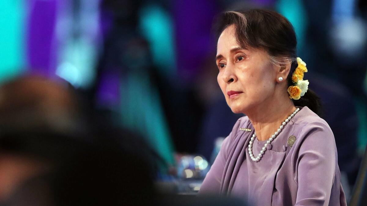 Aung San Suu Kyi, Myanmar's leader, attends the Leaders Plenary Session of the Association of Southeast Asian Nations-Australia Special Summit on Sunday in Sydney, Australia.