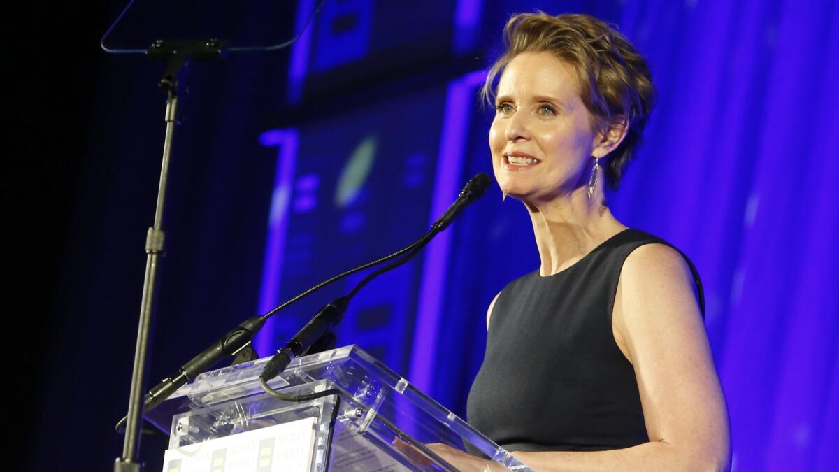 Cynthia Nixon, a former star of "Sex and the City," is honored by the Human Rights Campaign in February. On Monday, she announced she would run for governor of New York.