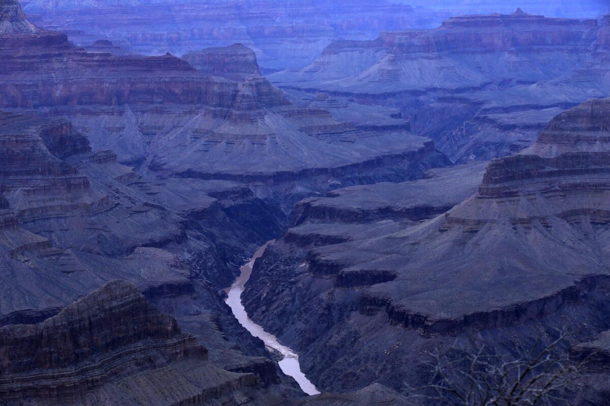 GRAND CANYON, AZ., MARCH 11, 2015: From Mojave Point on the South Rim of the Grand Canyon, the meandering Colorado River is seen at twilight carving a path over millions of years March 11, 2015 (Mark Boster / Los Angeles Times ).