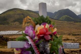 A cross adorned with leis is seen at a memorial for wildfire victims, Saturday, July 6, 2024, in Lahaina, Hawaii. Cleanup and rebuilding efforts continue after the 2023 wildfire that killed over 102 people and destroyed the historic town of Lahaina on the island of Maui. (AP Photo/Lindsey Wasson)