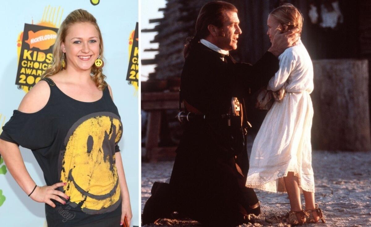 Skye McCole Bartusiak, left, at Nickelodeon's 2008 Kids' Choice Awards and, right, with Mel Gibson in the 2000 movie "The Patriot."