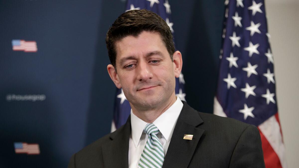 House Speaker Paul Ryan of Wis. pauses during a news conference about healthcare in Washington on April 4.