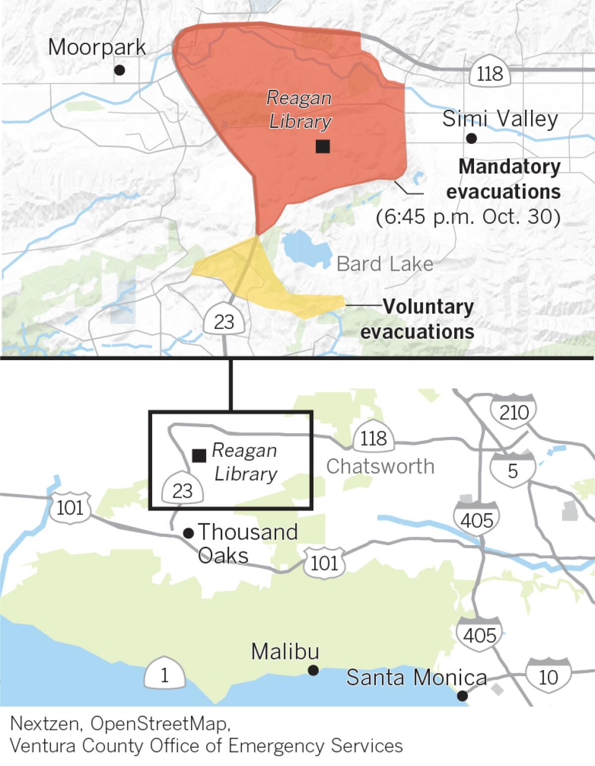 A large brush fire erupted in Simi Valley early Wednesday and was quickly burning toward neighborhoods, triggering mandatory evacuations amid strong Santa Ana winds.