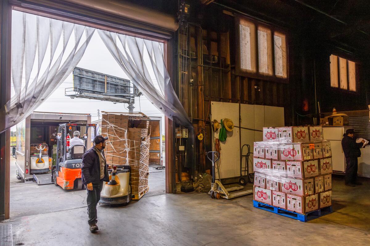 A man brings a pallet of produce into a warehouse.