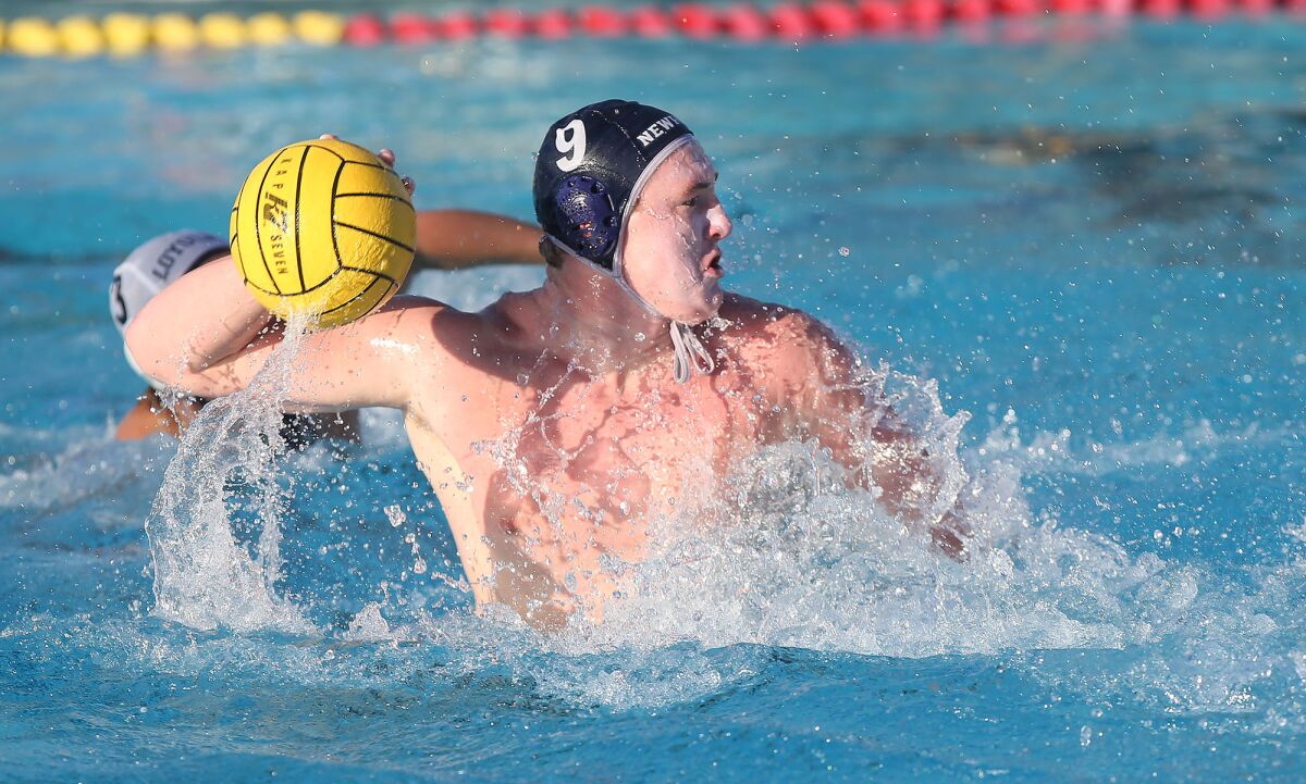 Newport Harbor's Ike Love pulls up and fires a shot into the back of net in the CIF Southern California Regional Division I semifinal match against Loyola on Nov. 23 at Segerstrom High.