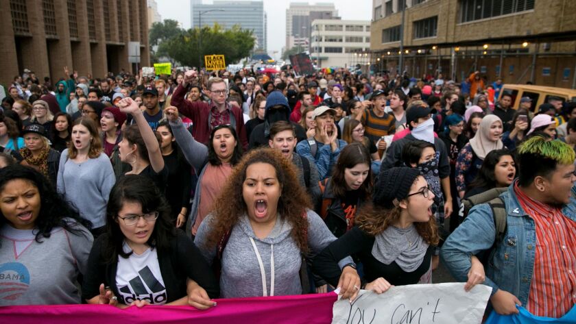 Anti-Trump protesters march along Lavaca Street in Austin, Texas, on Nov. 9.