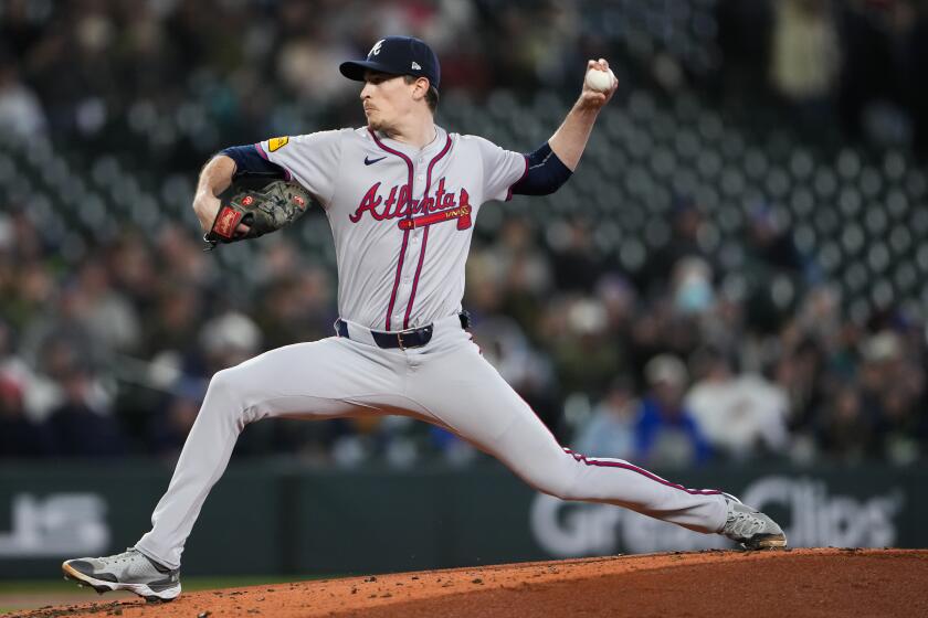 Atlanta Braves starting pitcher Max Fried throws against the Seattle Mariners during the first inning of a baseball game, Monday, April 29, 2024, in Seattle. (AP Photo/Lindsey Wasson)