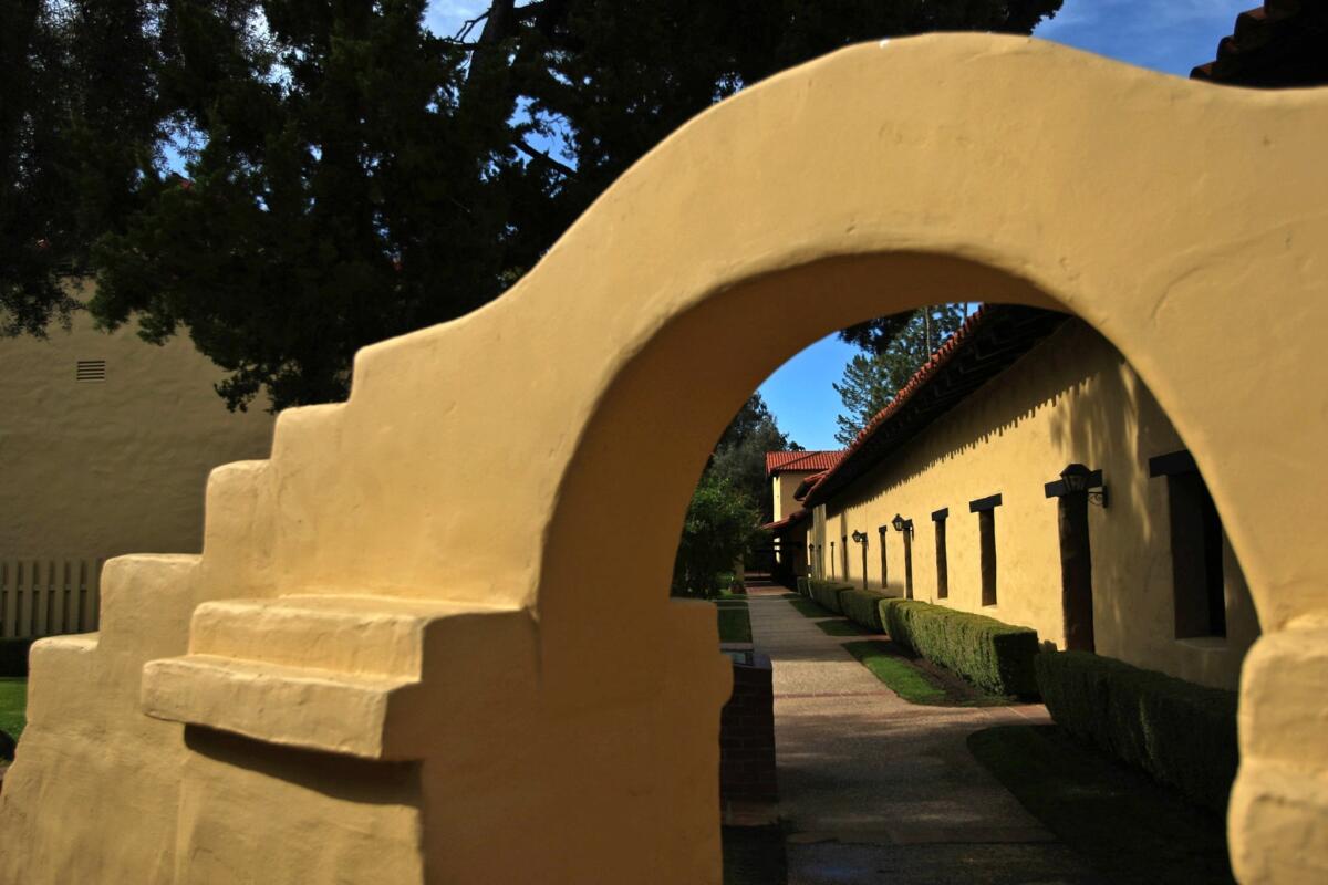 Late afternoon light washes over a section of the San Fernando Mission.