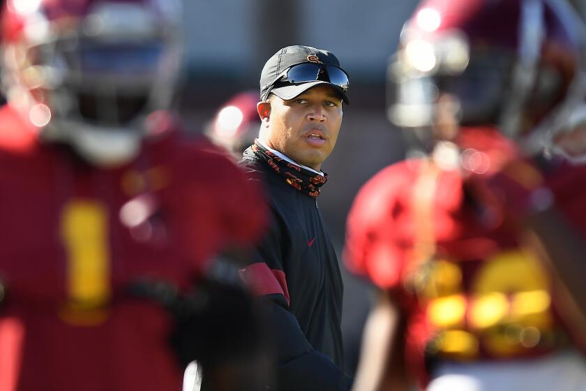 Los Angeles, CA. September 13, 2021: USC interim head coach Donte Williams conducts practice Wednesday afternoon at the USC practice field. (Wally Skalij/Los Angeles Times)