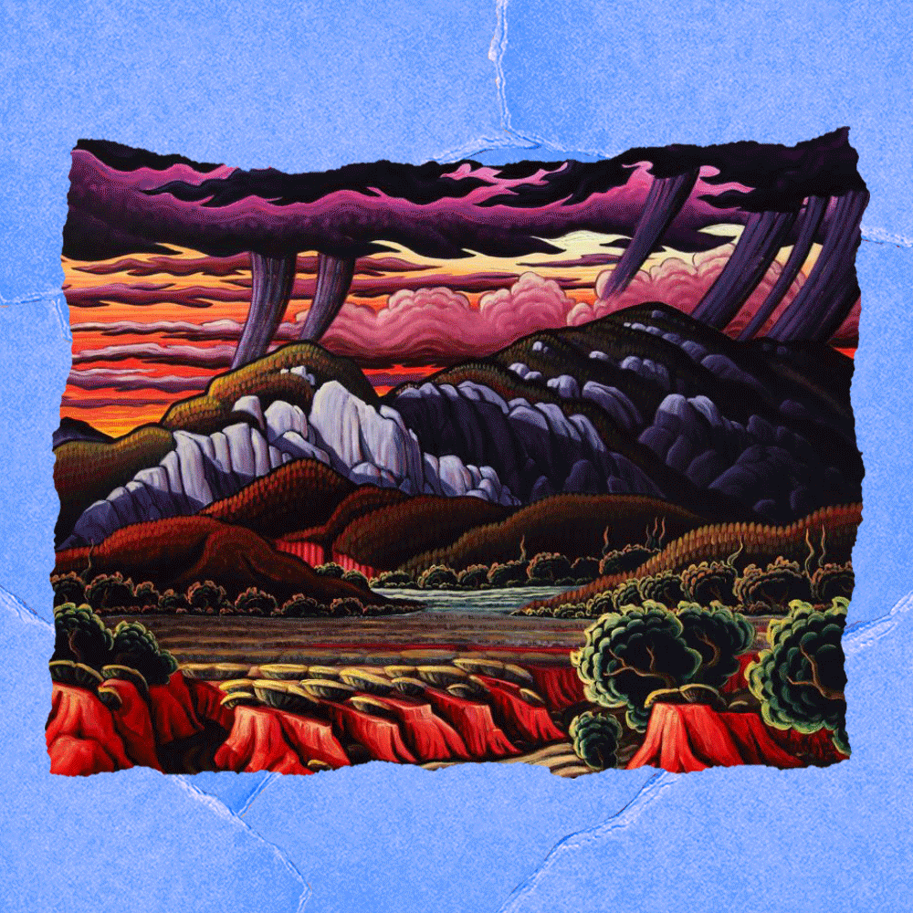 A GIF showing three works of art with Southwestern images including a person wearing a serape and riding a horse.