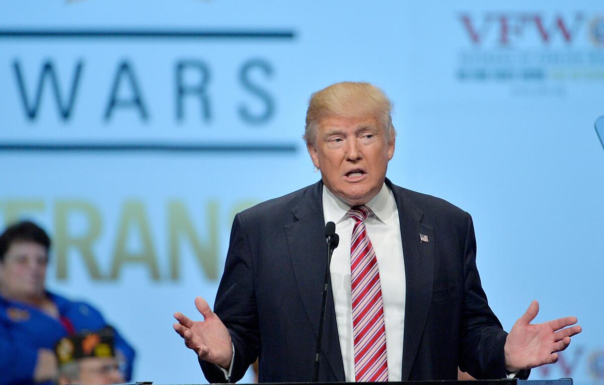 Republican presidential candidate Donald Trump speaks at the 117th National Convention of the Veterans of Foreign Wars of the United States in Charlotte, N.C.