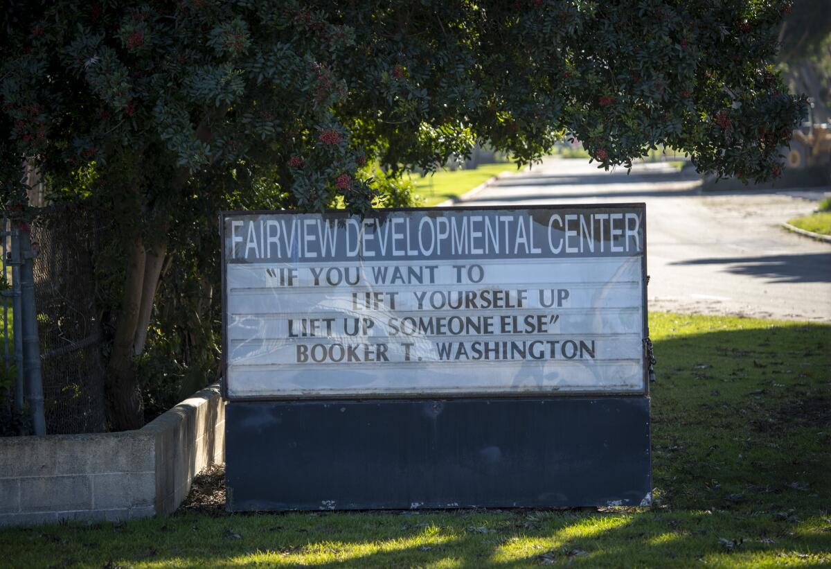 A sign at the entrance of Fairview Developmental Center, seen in February 2020. 