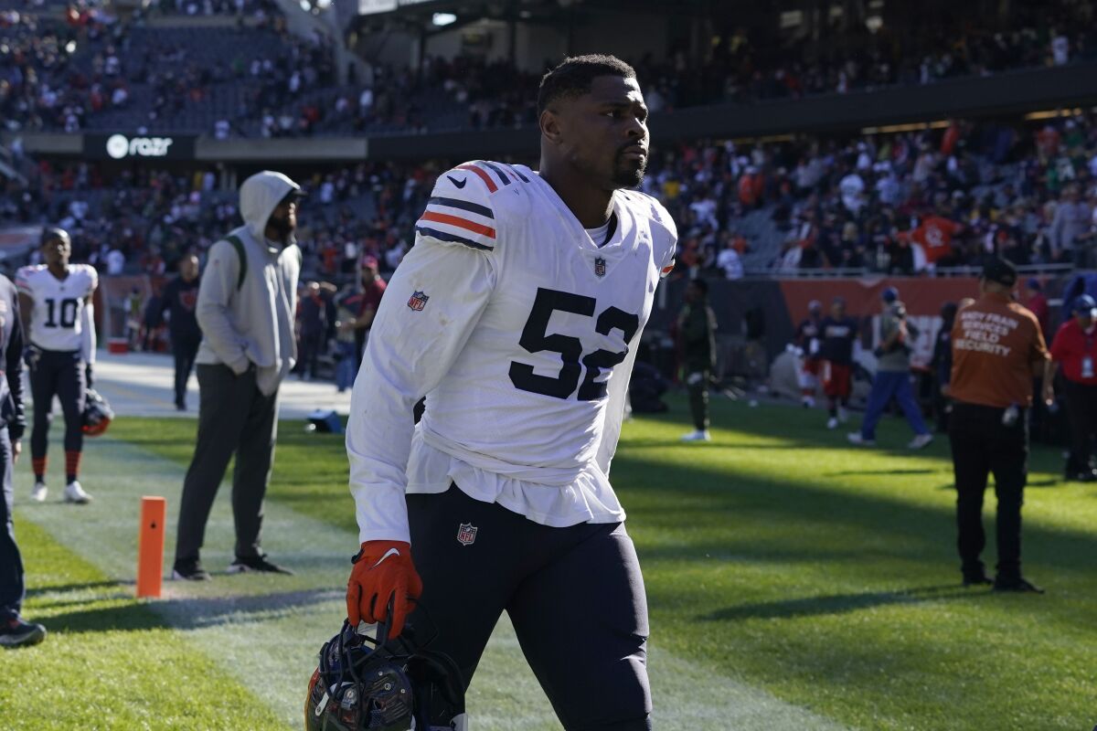 Chicago Bears outside linebacker Khalil Mack walks off the field.