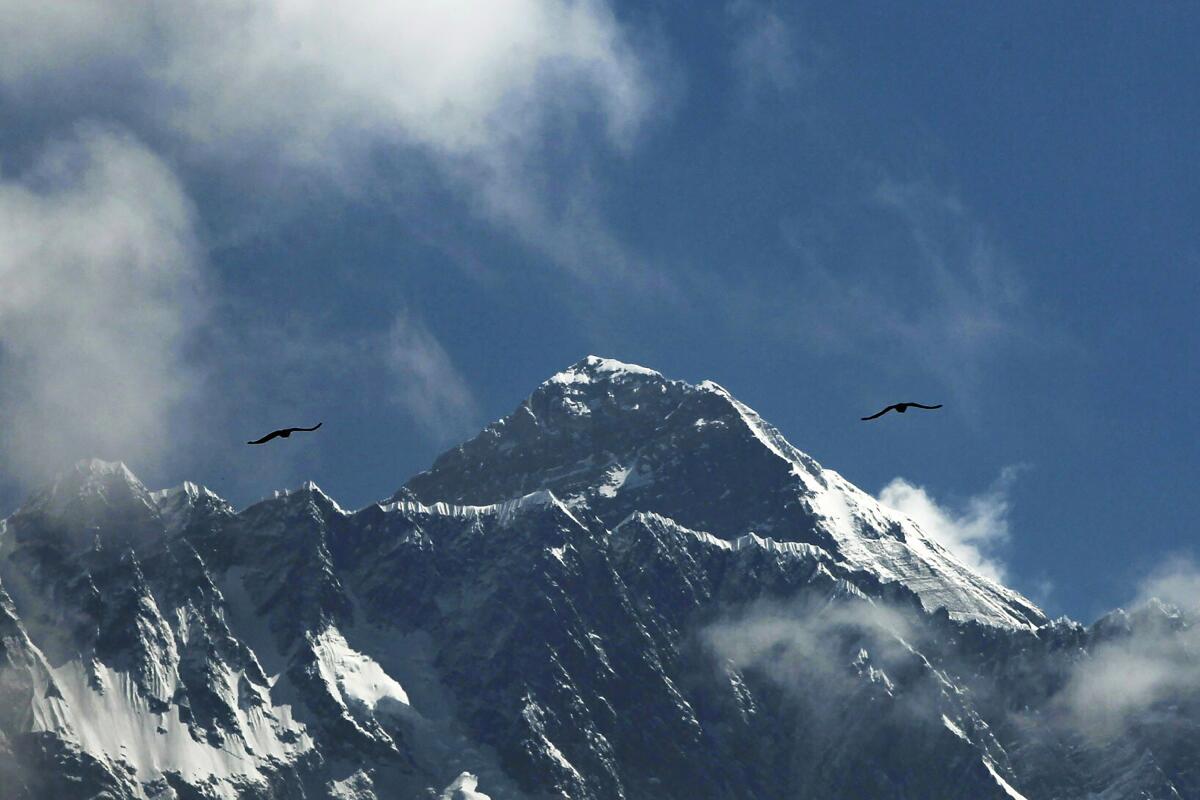 Fotografía de archivo del 27 de mayo de 2019 de aves volando con el Monte Everest al fondo visto desde Namche Bajar.