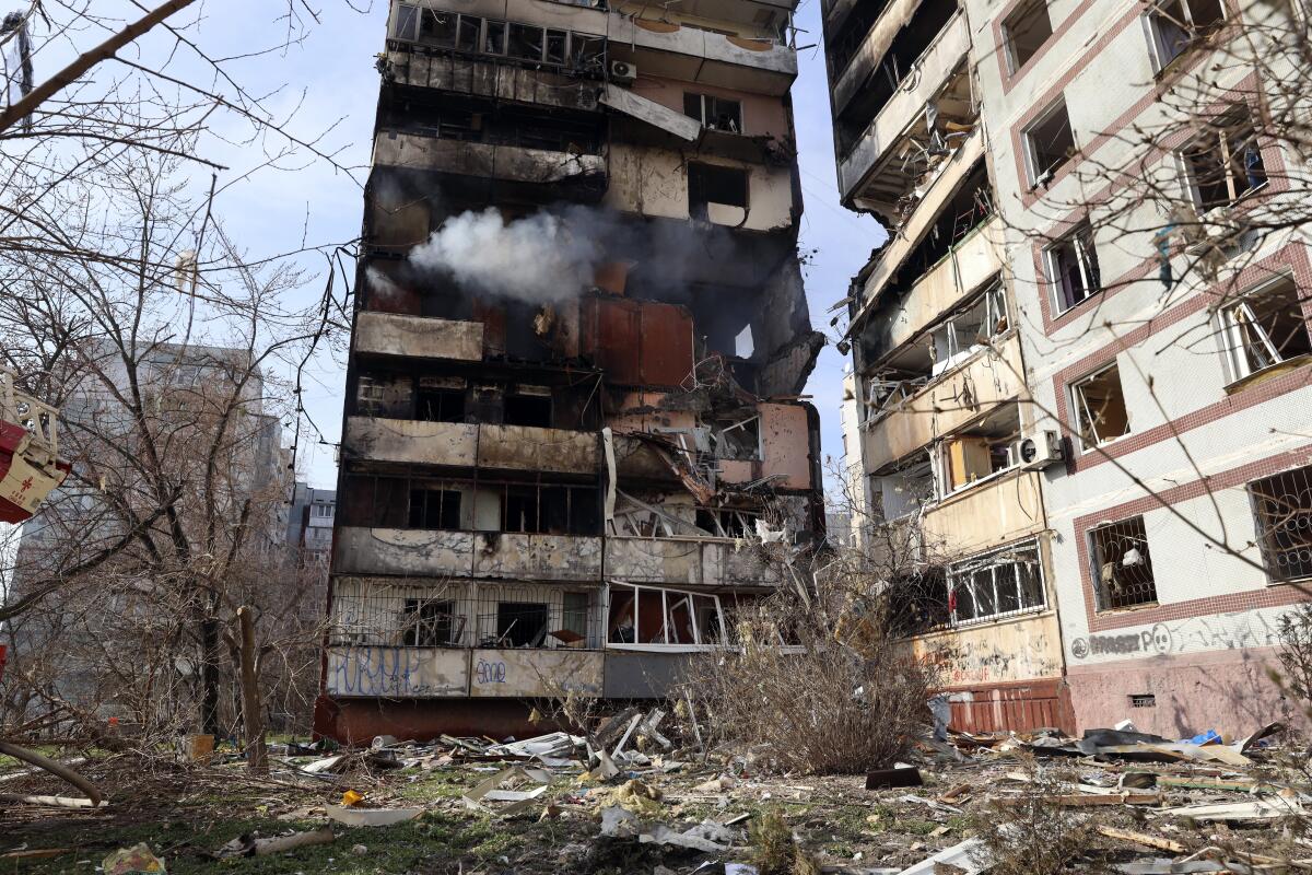 An apartment building is badly damaged in Zaporizhzhia, Ukraine.