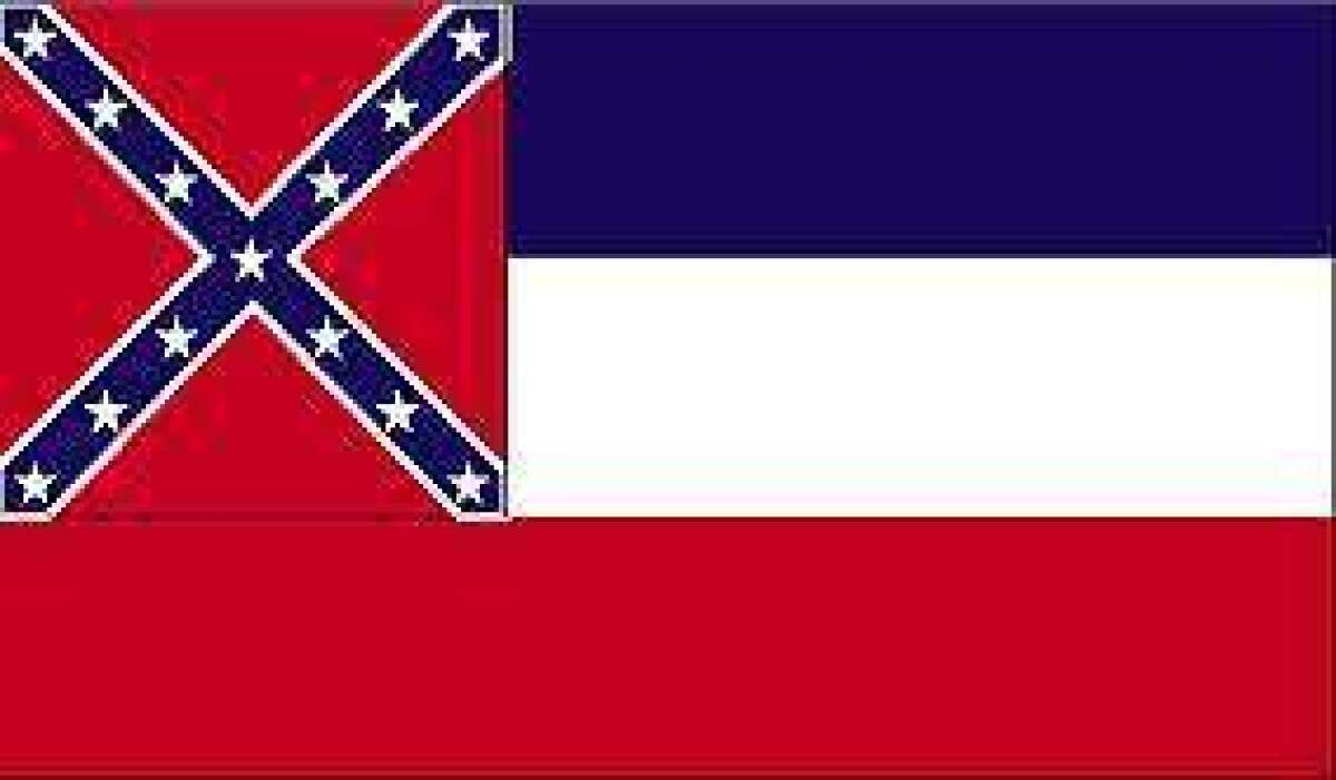 The Mississippi state flag, which bears the "stars and bars" of the Confederate battle flag.