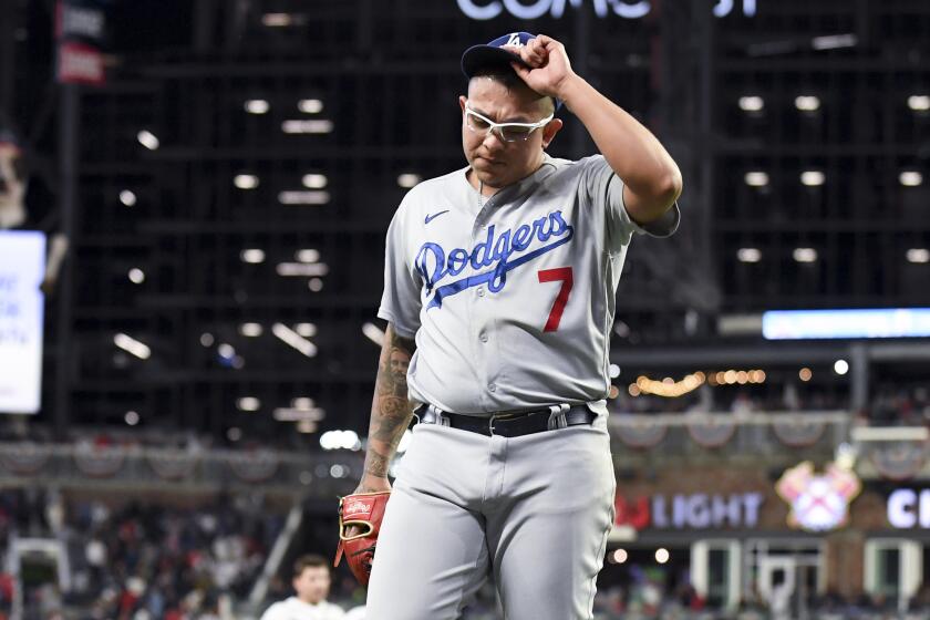 Atlanta, GA - October 17: Los Angeles Dodgers starting pitcher Julio Urias while leaving the field.