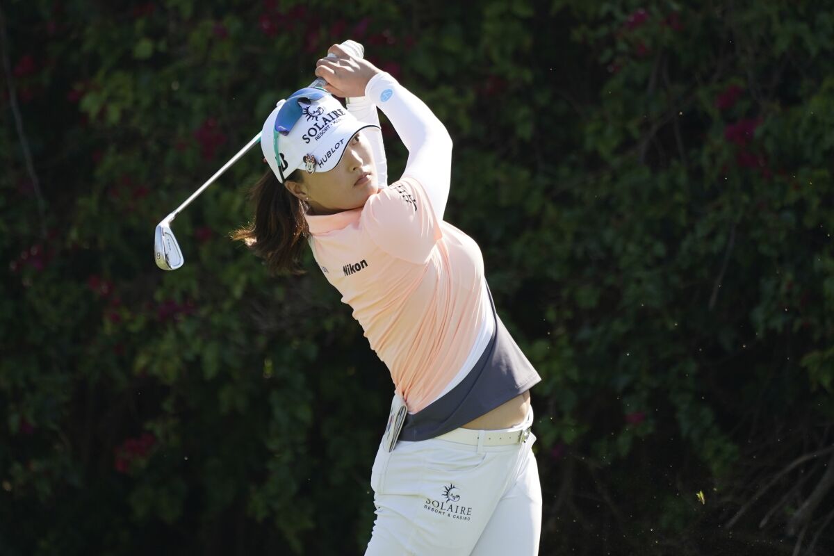 Jin Young Ko tees off at the 17th tee during the final round of the LPGA's Palos Verdes Championship golf tournament on Sunday, May 1, 2022, in Palos Verdes Estates, Calif. (AP Photo/Ashley Landis)