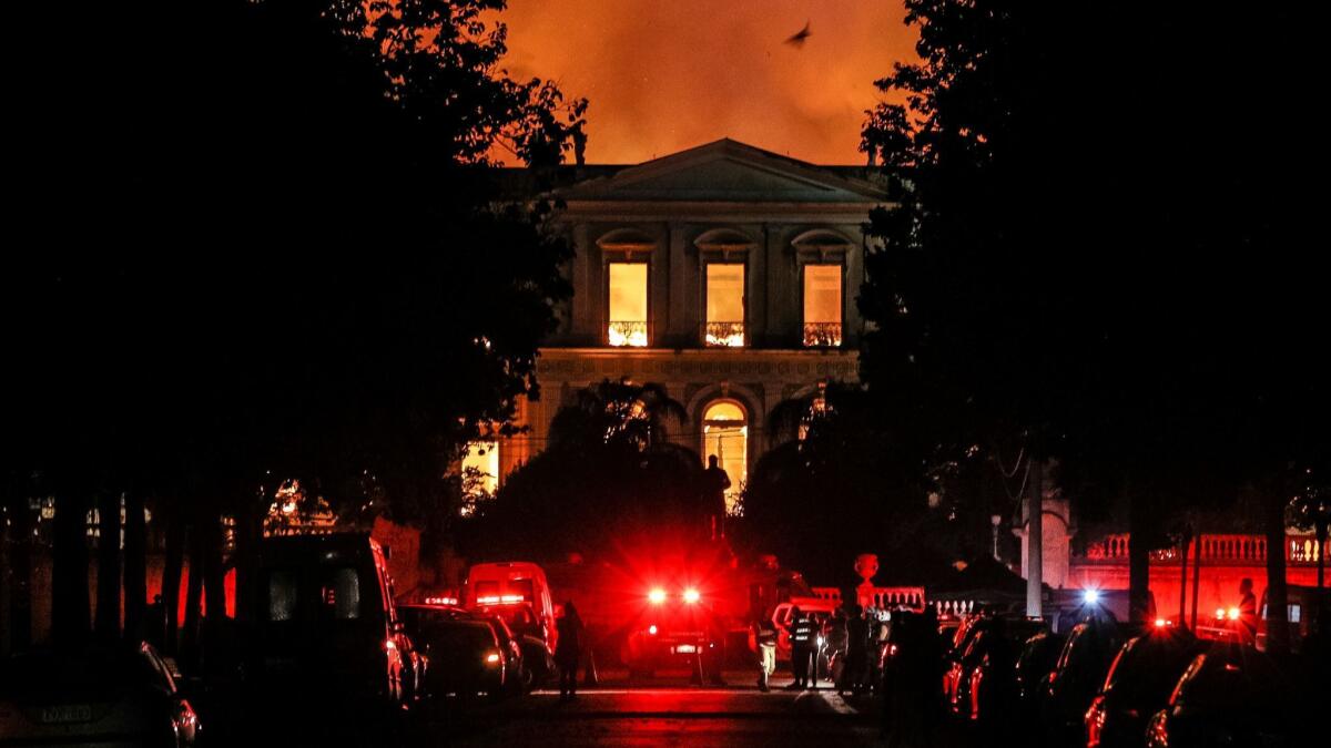 A fire burns at the National Museum of Brazil on Sunday in Rio de Janeiro.