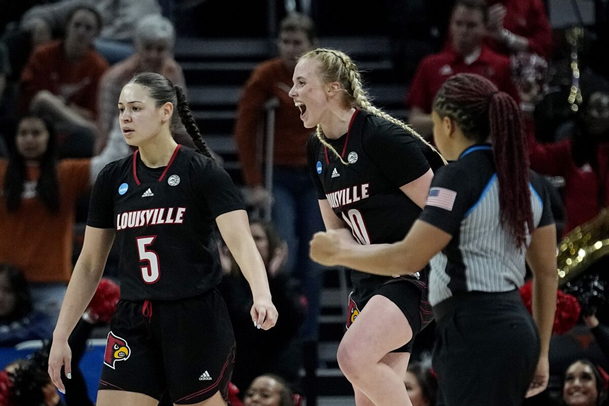 Louisville guard Hailey Van Lith (10) celebrates a score against Texas during the second half of a second-round college basketball game in the NCAA Tournament in Austin, Texas, Monday, March 20, 2023. (AP Photo/Eric Gay)